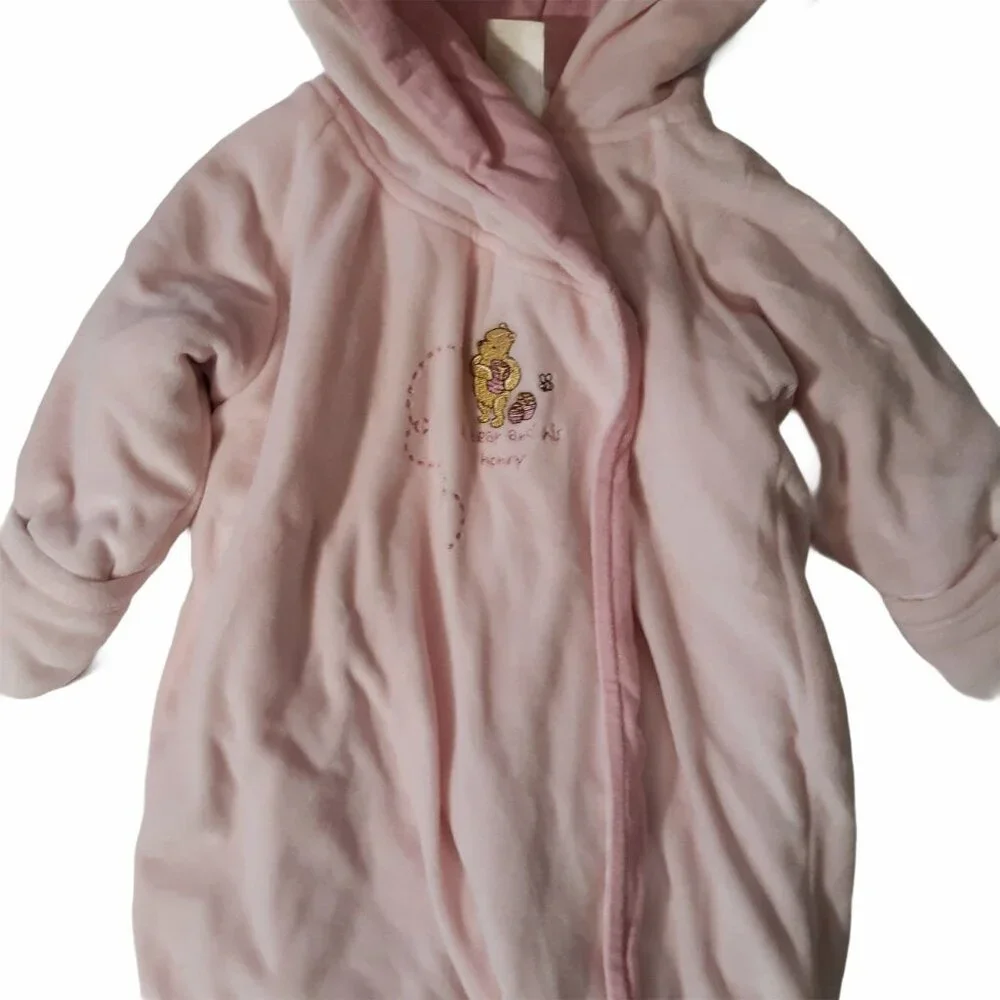 Disney Classic‎ Pooh Baby Girl Hooded Pink Fleece Footed Onesie Embroidery 6M